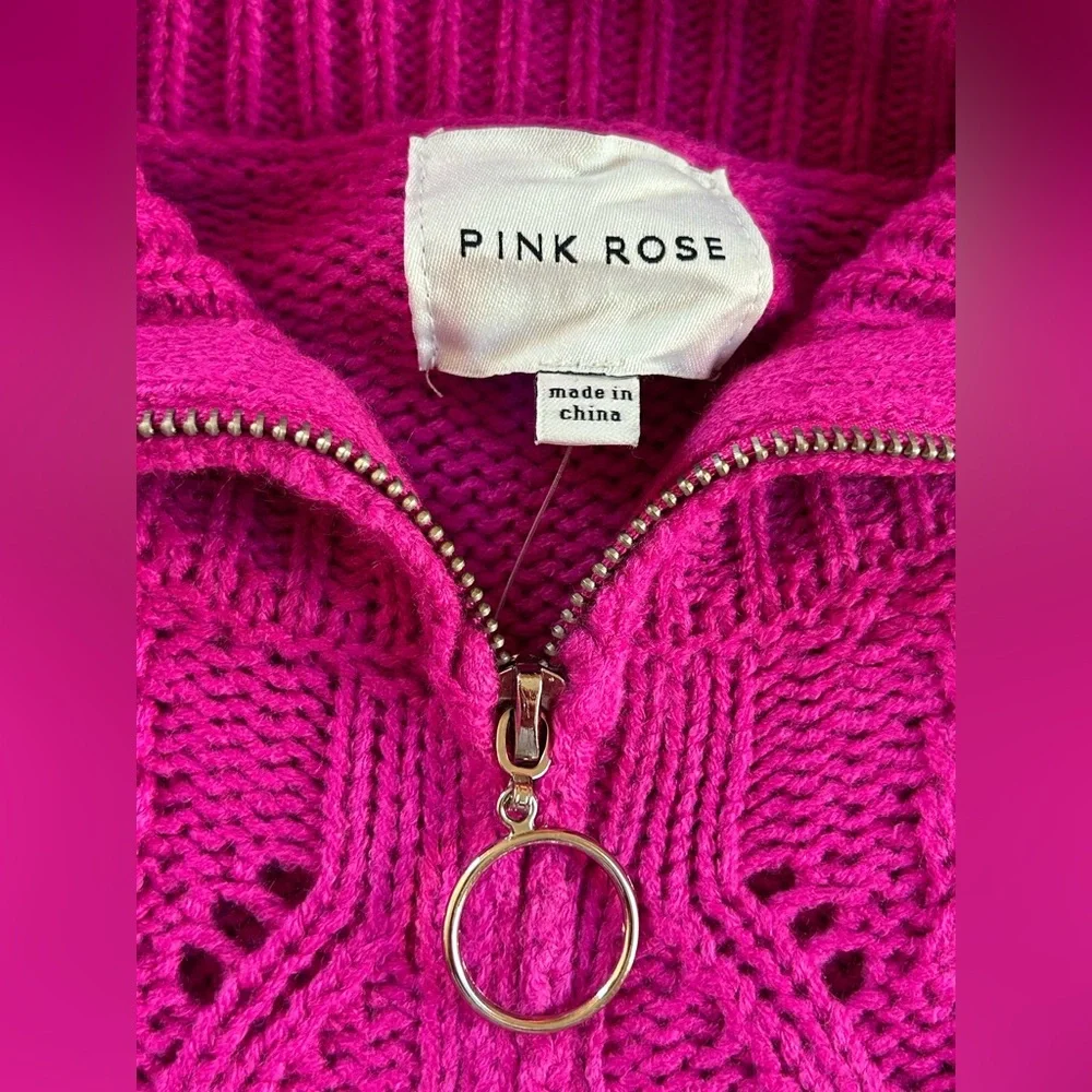Pink Rose soft cozy fuchsia Barbiecore oversized cable knit zip sweater NWT XL - Picture 5 of 8